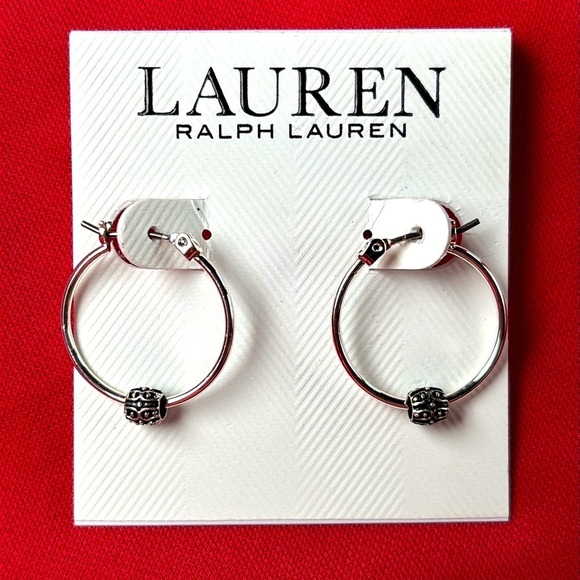 Brand New Lauren Ralph Lauren Small Slider Hoop Earrings Silver Tone Minimalist - Picture 3 of 12